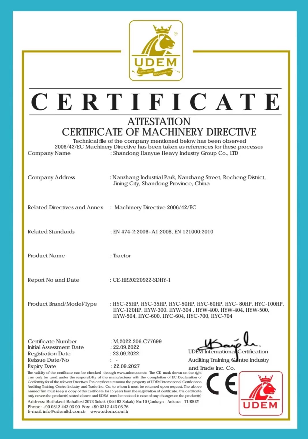 China Shandong Hanyue Heavy Industry Group Co., Ltd. Zertifizierungen