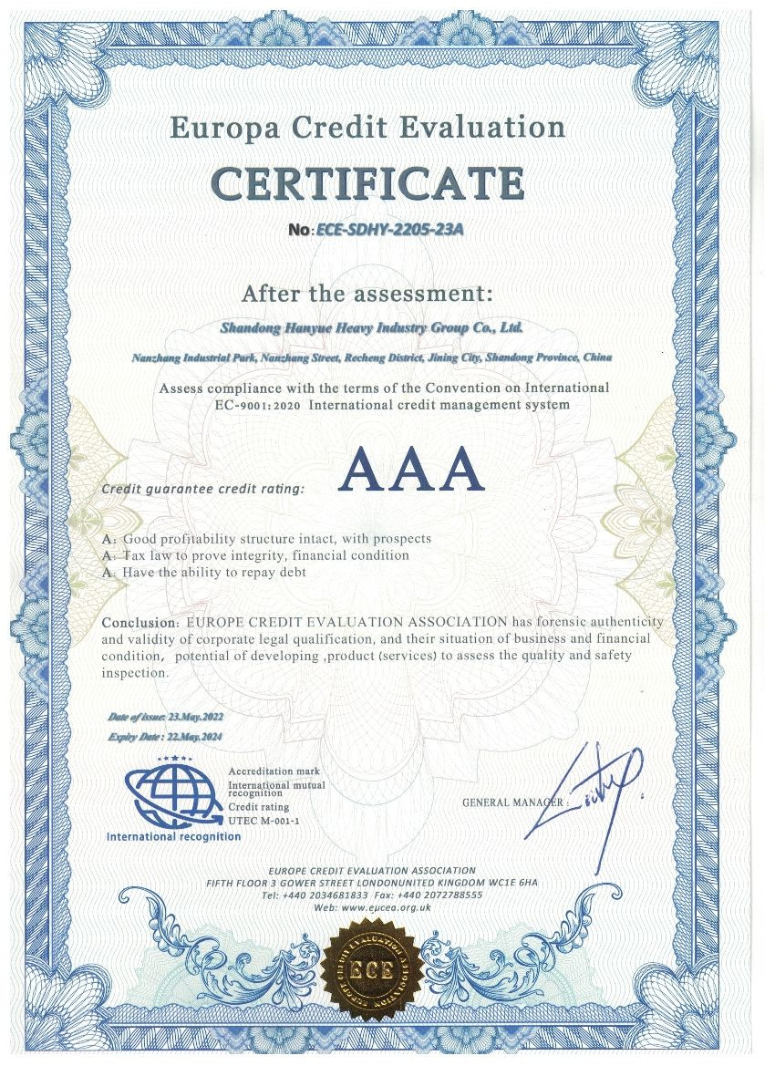 China Shandong Hanyue Heavy Industry Group Co., Ltd. Zertifizierungen